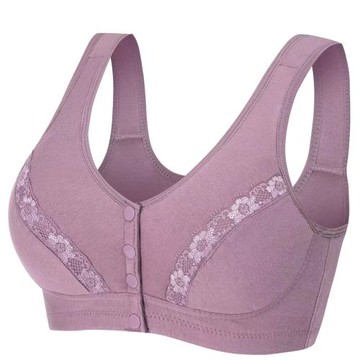 春夏款純棉蕾絲無鋼圈舒適透氣中老年媽媽內衣女文胸大碼前扣胸罩