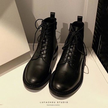 劉雯同款平底秋冬秀氣系帶網紅拉鏈瘦瘦顯腳小短靴機車馬丁靴子女