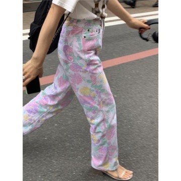 PREON秋季新款大印花休閑牛仔褲高腰寬松休閑長褲韓國博主同款