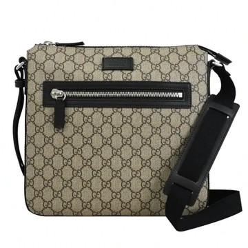 GUCCI 779846 GG Supreme 經典印花皮革拉鍊斜背包.駝/黑邊