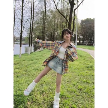 【砂糖夢境】彩色格子襯衫外套女2026夏季薄款小個子寬鬆日系復古防曬長袖襯衣
