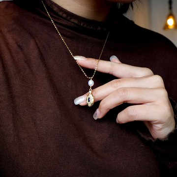 惡魔之眼 淡水珍珠 不掉色鈦鋼頸鏈