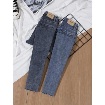 藍色牛仔褲女2025春秋新款高腰顯瘦顯高毛邊緊身小腳鉛筆褲小個子