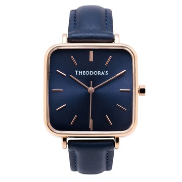 Hebe 簡約方形真皮腕錶 方形深藍-真皮深藍