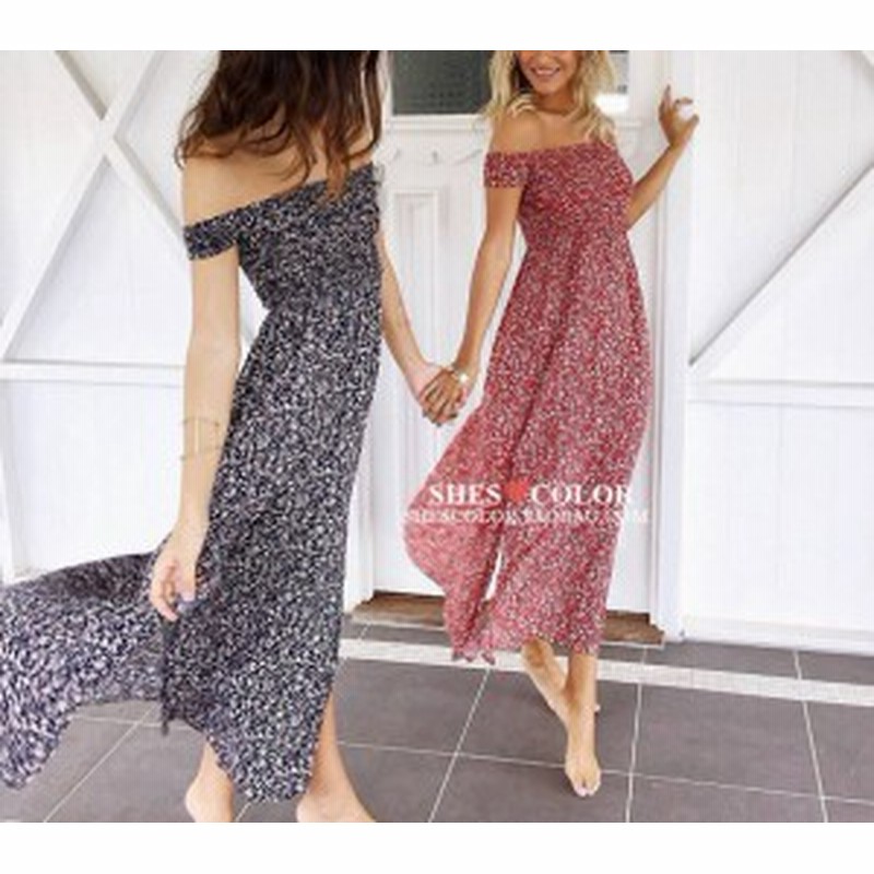 リゾート でも最適 ヴィンテージ風 小花柄 オフショルダー マキシ丈 サマードレス ワンピース レディース 青 赤 オフショル 0111 通販 Lineポイント最大1 0 Get Lineショッピング