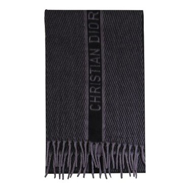 Christian Dior 經典LOGO駱駝絨線條紋理流蘇長圍巾/披肩(黑灰)