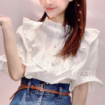 BBHONEY 木耳邊小立領荷葉邊短袖襯衫