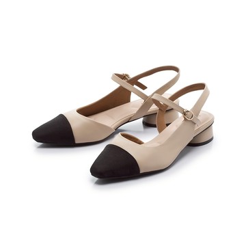 芯太軟 小香風拼接後拉帶低跟涼鞋 典雅杏 (3A3027)