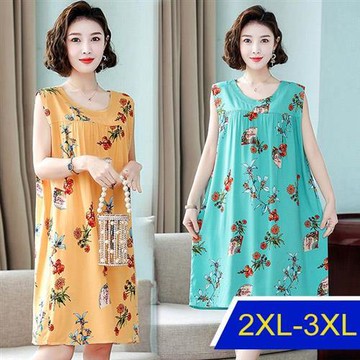 【韓國K.W.】甜系好感進口棉綢印花洋裝(洋裝/連身裙/短袖/長裙/寬鬆/居家/休閒)