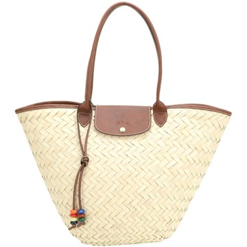 LONGCHAMP LE PANIER PLIAGE 特大款 串珠吊飾草編手提/肩背托特包(卡其色)