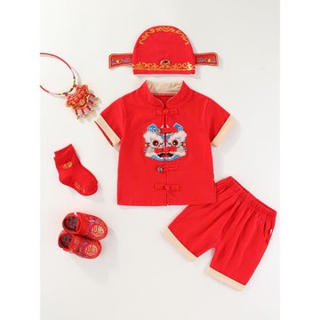 男寶寶抓周晏衣服夏季嬰兒百天男童國風漢服夏裝1一2周歲禮服套裝