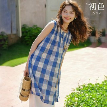 初色 休閒風圓領格紋線條無袖寬鬆傘擺開衩女背心中長裙連衣裙連身洋裝-藍色-50520(M-2XL可選)
