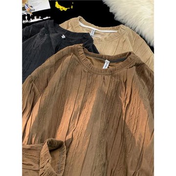 高級感長袖T恤男生春秋季ins潮牌褶皺韓版潮流打底衫寬松內搭上衣