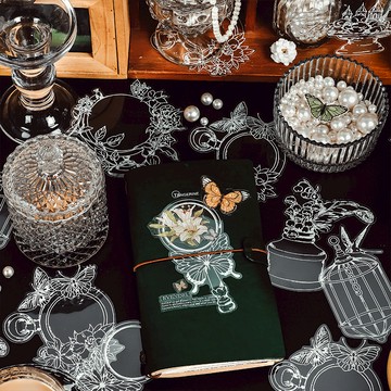 🍋檸檬青🍋清倉現貨美好容器系列白墨防水PET貼紙復古花卉玻璃瓶漂流瓶8款20張入手帳裝飾素材