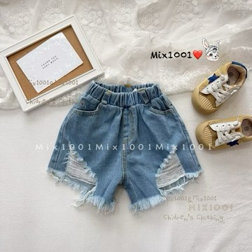 🌈✨mix1001外銷款✨小高腰 造型直條口袋刷破牛仔褲✨兒童破壞短褲130-160