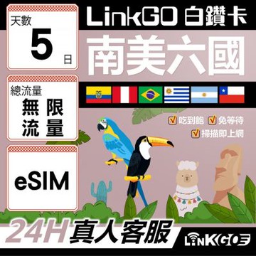LINKGO白鑽卡 南美洲六國 eSIM卡 5天無限流量 吃到飽不降速(南美洲網卡 巴西 阿根廷 智利 厄瓜多爾 秘魯 烏拉圭)