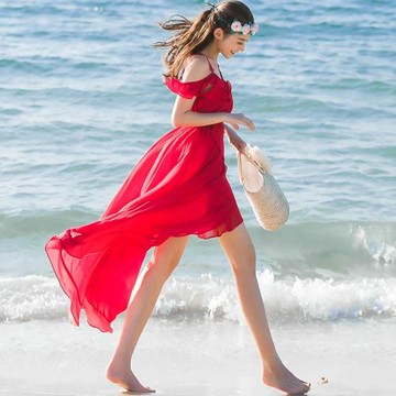 伊卡黛夏季新品露肩紅色雪紡連衣裙波西米亞長裙海邊旅游沙灘裙子