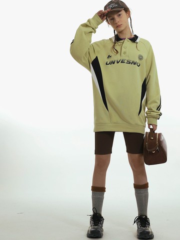 Unvesno (UN) Blockcore風拼接面料撞色POLO加絨衛衣  SWS-1626