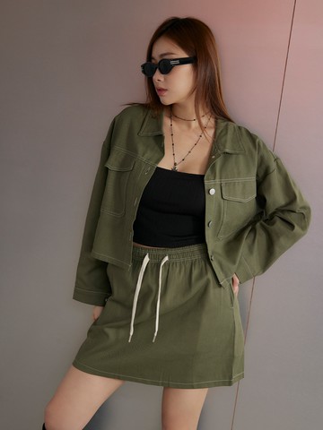 車線大口袋斜紋布外套-綠色