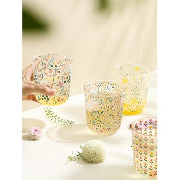 藍蓮花家居玻璃杯高硼硅杯好看碎花女咖啡杯子印花家用高顏值特別