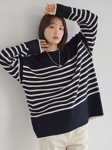 素面/條紋後開衩微高領套頭針織衫(01000593200) - earth music&ecology