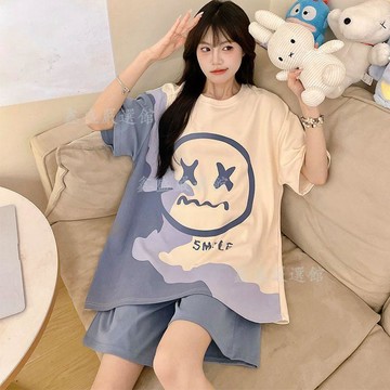 💖臺灣熱賣💖夏季女睡衣 女生短褲短袖家居服 可愛卡通睡衣 學生睡衣 寬鬆簡約套裝 可外穿加大碼睡衣 069B