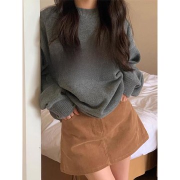 韓國chic秋冬法式慵懶風圓領字母印花寬松百搭休閑針織長袖毛衣女