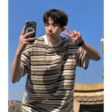 美式復古小領口條紋短袖t恤男款夏季潮牌半截袖潮流oversize上衣