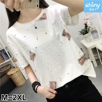 【V2886】shiny藍格子-春之氣息．方形潑漆點印花圓領短袖上衣