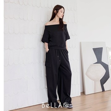 【夏季新品】BeLLA 寬鬆棉質長褲套裝 黑色