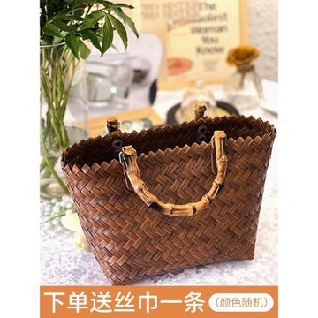 2022新款仿藤編手提包草編包包女夏復古袋手工編織包竹節百搭菜籃