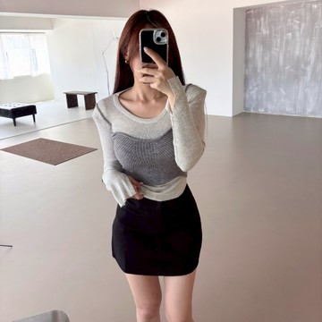 【韓國歐膩】DOMISS 秋季 圓領 假兩件 針織上衣 甜辣 層次感 必收-3色 針織衫 (現貨) 長袖