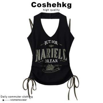 Coshehkg字母印花抽褶系帶收腰掛脖吊帶背心女夏季新款假兩件上衣