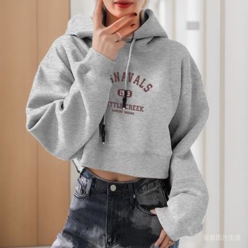 美式復古印花短款套頭連帽衛衣女秋字母印花抽繩顯瘦高級寬松上衣