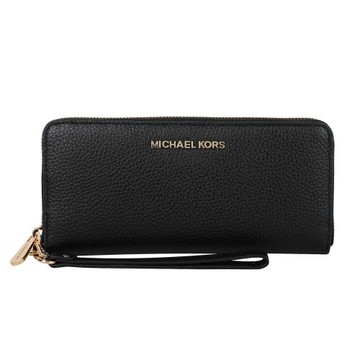 MICHAEL KORS  金logo荔枝紋皮革拉鍊掛帶長夾(素面黑)