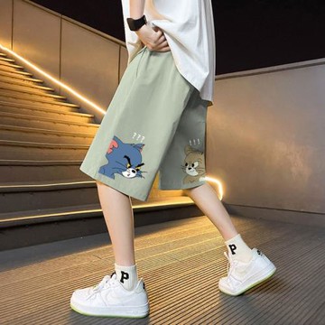 貓和老鼠運動短褲男款潮牌痞帥過膝五六分褲大碼寬松夏季休閑褲子