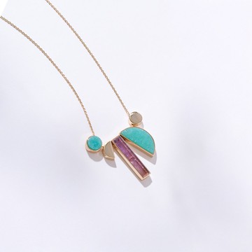 DECO半圓幾何寶石項鍊 (紫晶+天河石)