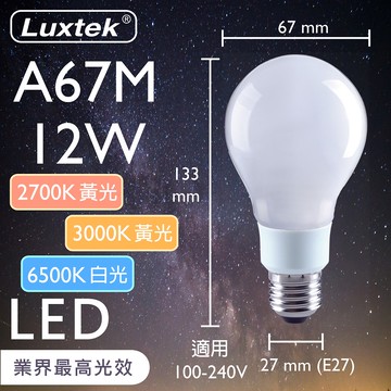 [樂施達]LED 燈泡 12W 奶白燈罩 E27 節能 全電壓 黃光/白光（A67）
