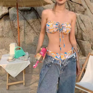 泳衣女新款抹胸印花比基尼高級感純欲風性感小胸復古辣妹溫泉泳裝