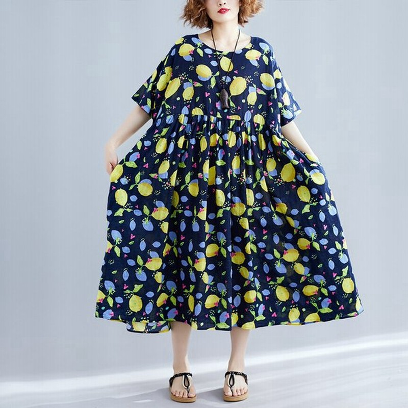 ワンピース レディース Aライン 半袖 ロング丈 ミモレ丈 レモン柄 フルーツ柄 クルーネック ゆったり かわいい おしゃれ ナチュラル カジュアル 通販 Lineポイント最大0 5 Get Lineショッピング