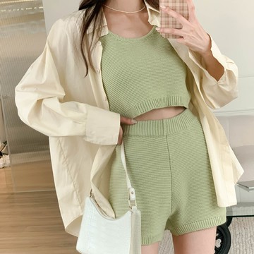 韓版短版針織背心+鬆緊短褲套裝 JN61153【現貨】