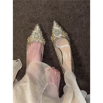 2025新款春細跟水晶鞋女法式金色婚鞋新娘鞋秀禾婚紗低跟尖頭高跟