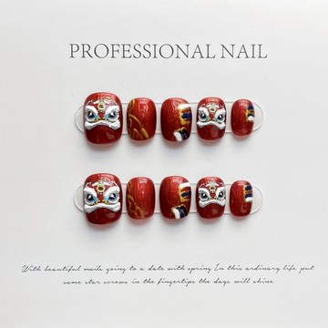 現貨✨新年醒獅純手工穿戴甲✨光療指甲貼片 短方圓款可拆卸美甲貼片 學生孕婦可佩帶甲片 假指甲貼片穿帶甲 SX/M/L尺寸