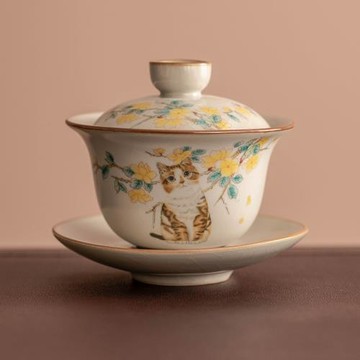 汝窯萌貓桃枝秾粉三才蓋碗家用陶瓷泡茶碗功夫茶具敬茶碗茶杯骨瓷