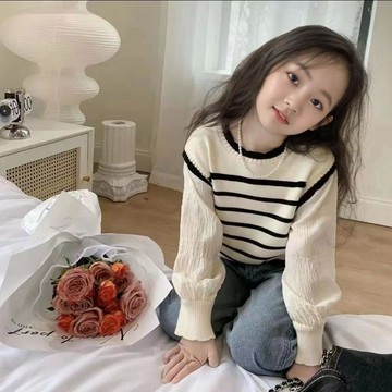 春秋女童條紋拼接針織衫 兒童假二件長袖上衣 洋氣公主風女童條紋上衣 春秋女童衣服 女童長袖上衣