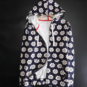 小眾自制純棉藏藍太陽花印花連帽拉鏈開衫衛衣女寬松大碼春秋外套