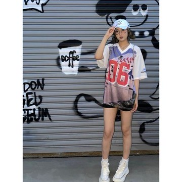 美式復古V領球衣短袖t恤男街頭oversize速干寬松透氣上衣潮流嘻哈