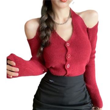 2025氣質女神秋裝主播衣服純欲風掛脖露肩長袖V領針織衫辣妹上衣