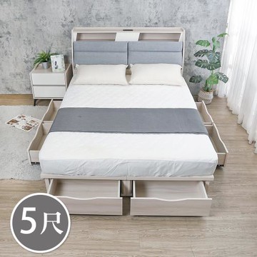 Boden-菲斯5尺雙人多功能收納抽屜床組(附USB插座貓抓皮床頭箱+六抽收納床底-不含床墊)
