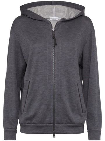 Brunello Cucinelli - zipped long-sleeve hoodie - women - Silk/Cotton/Polyamide - M - Grey